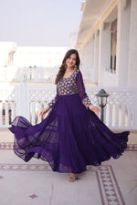 Thumbnail for Lorenvalley Fashion Purple Faux Blooming with Sequins & Zari with Pipe Embroidered work Gown - Distacart