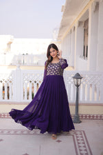 Thumbnail for Lorenvalley Fashion Purple Faux Blooming with Sequins & Zari with Pipe Embroidered work Gown - Distacart