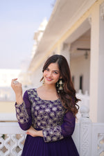 Thumbnail for Lorenvalley Fashion Purple Faux Blooming with Sequins & Zari with Pipe Embroidered work Gown - Distacart