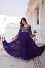 Thumbnail for Lorenvalley Fashion Purple Faux Blooming with Sequins & Zari with Pipe Embroidered work Gown - Distacart