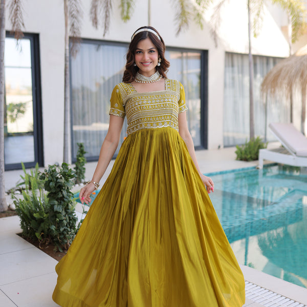 Lorenvalley Fashion Mehendi H O Silk with Sequins & Zari with Pipe Beads Embroidered work Gown - Distacart