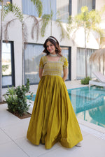 Thumbnail for Lorenvalley Fashion Mehendi H O Silk with Sequins & Zari with Pipe Beads Embroidered work Gown - Distacart