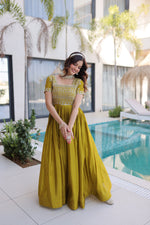 Thumbnail for Lorenvalley Fashion Mehendi H O Silk with Sequins & Zari with Pipe Beads Embroidered work Gown - Distacart