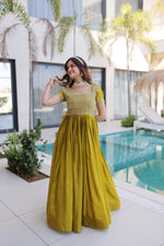 Thumbnail for Lorenvalley Fashion Mehendi H O Silk with Sequins & Zari with Pipe Beads Embroidered work Gown - Distacart