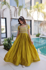 Thumbnail for Lorenvalley Fashion Mehendi H O Silk with Sequins & Zari with Pipe Beads Embroidered work Gown - Distacart