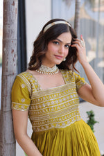 Thumbnail for Lorenvalley Fashion Mehendi H O Silk with Sequins & Zari with Pipe Beads Embroidered work Gown - Distacart