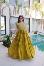 Thumbnail for Lorenvalley Fashion Mehendi H O Silk with Sequins & Zari with Pipe Beads Embroidered work Gown - Distacart