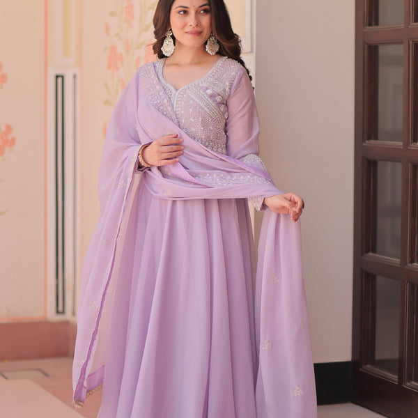 Lorenvalley Fashion Lavender Star Georgette With Rich Sequins Coding & Beads Embroidered work Gown with Dupatta - Dista