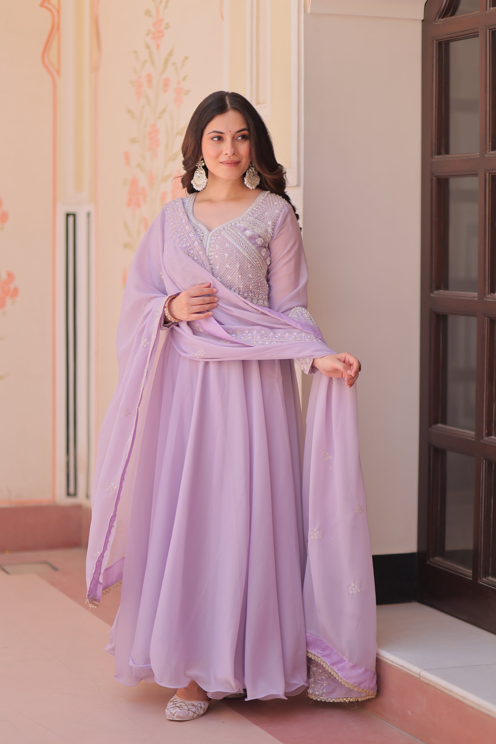 Lorenvalley Fashion Lavender Star Georgette With Rich Sequins Coding & Beads Embroidered work Gown with Dupatta - Dista