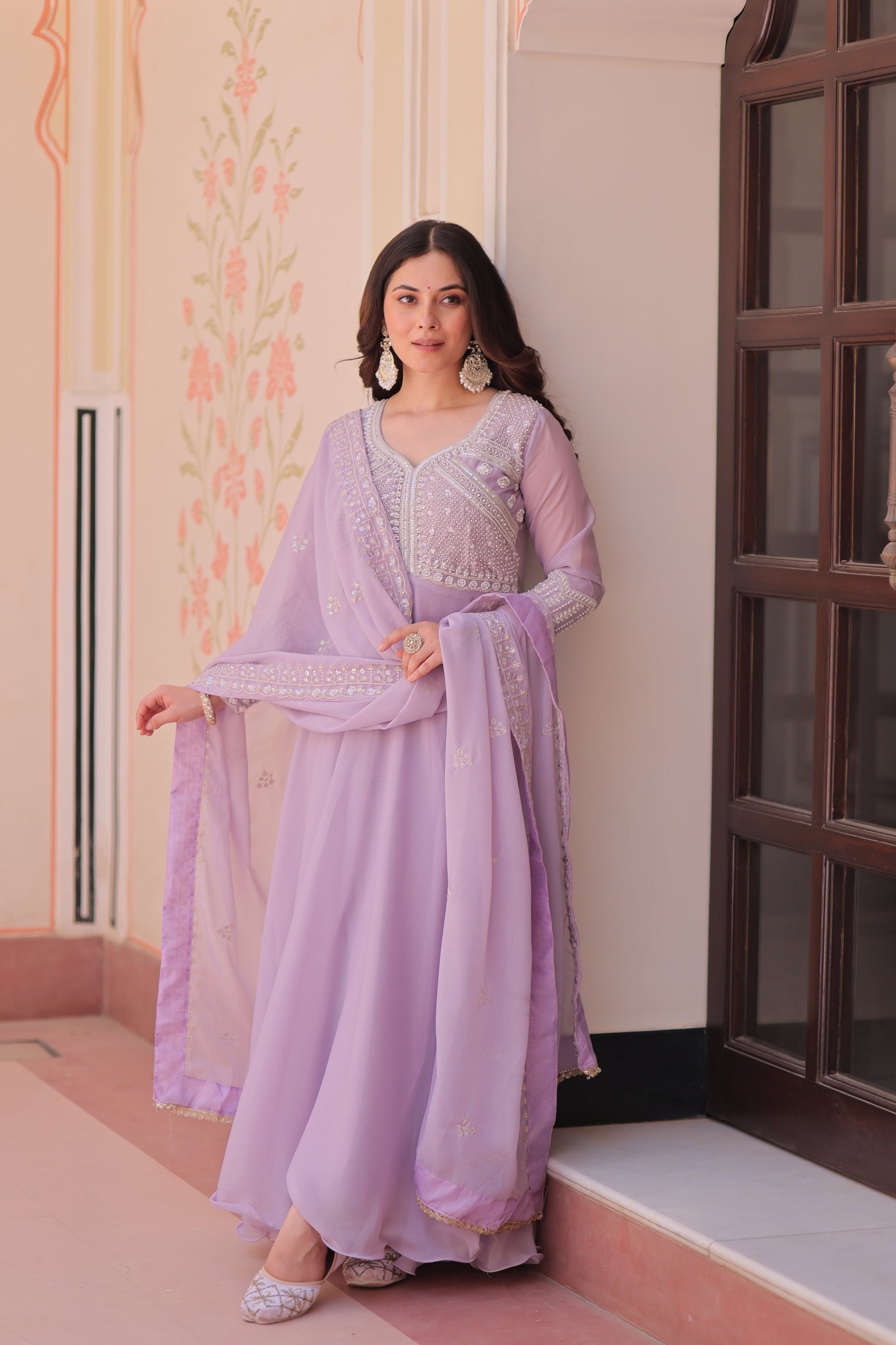 Lorenvalley Fashion Lavender Star Georgette With Rich Sequins Coding & Beads Embroidered work Gown with Dupatta - Dista