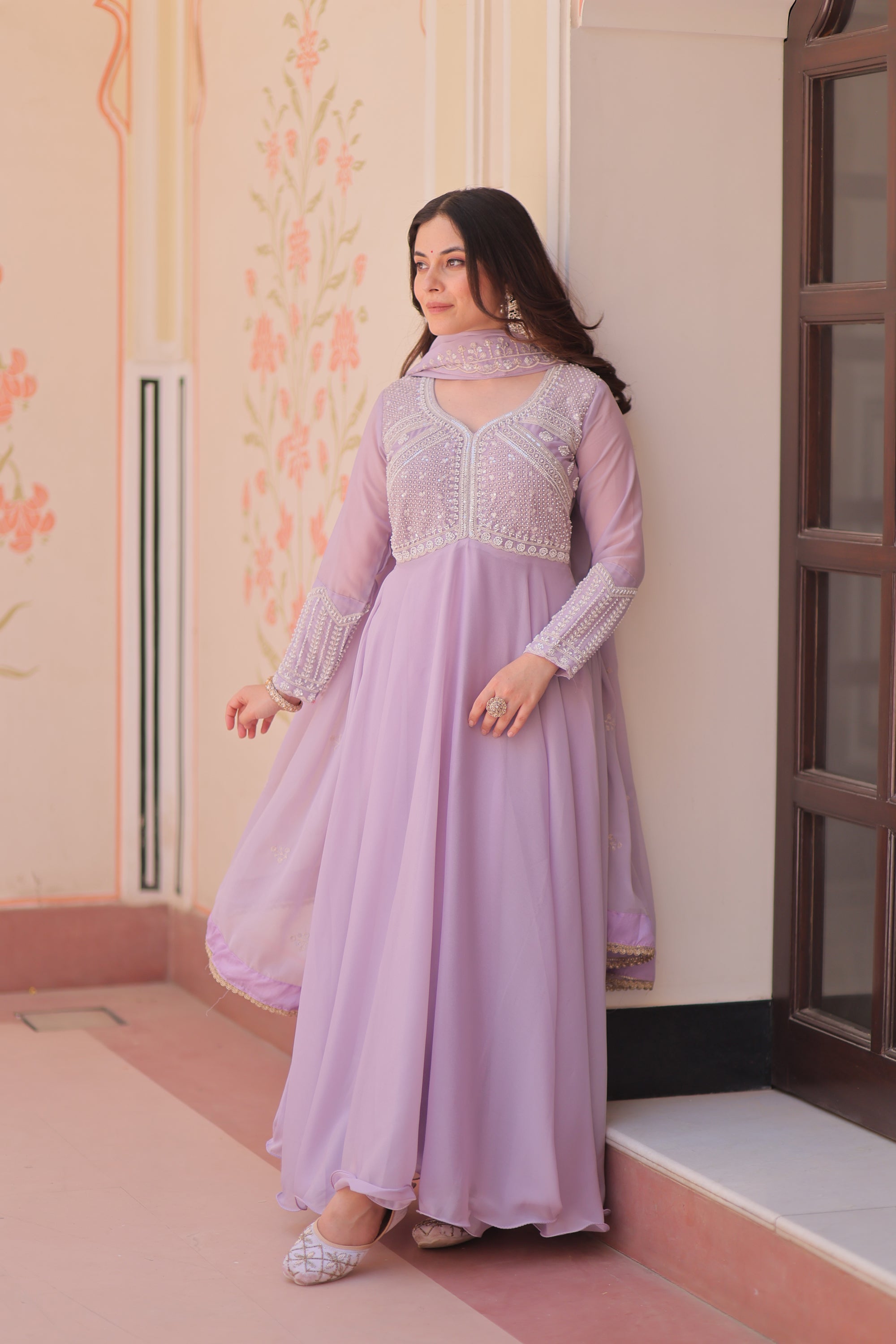 Lorenvalley Fashion Lavender Star Georgette With Rich Sequins Coding & Beads Embroidered work Gown with Dupatta - Dista