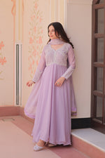 Thumbnail for Lorenvalley Fashion Lavender Star Georgette With Rich Sequins Coding & Beads Embroidered work Gown with Dupatta - Dista