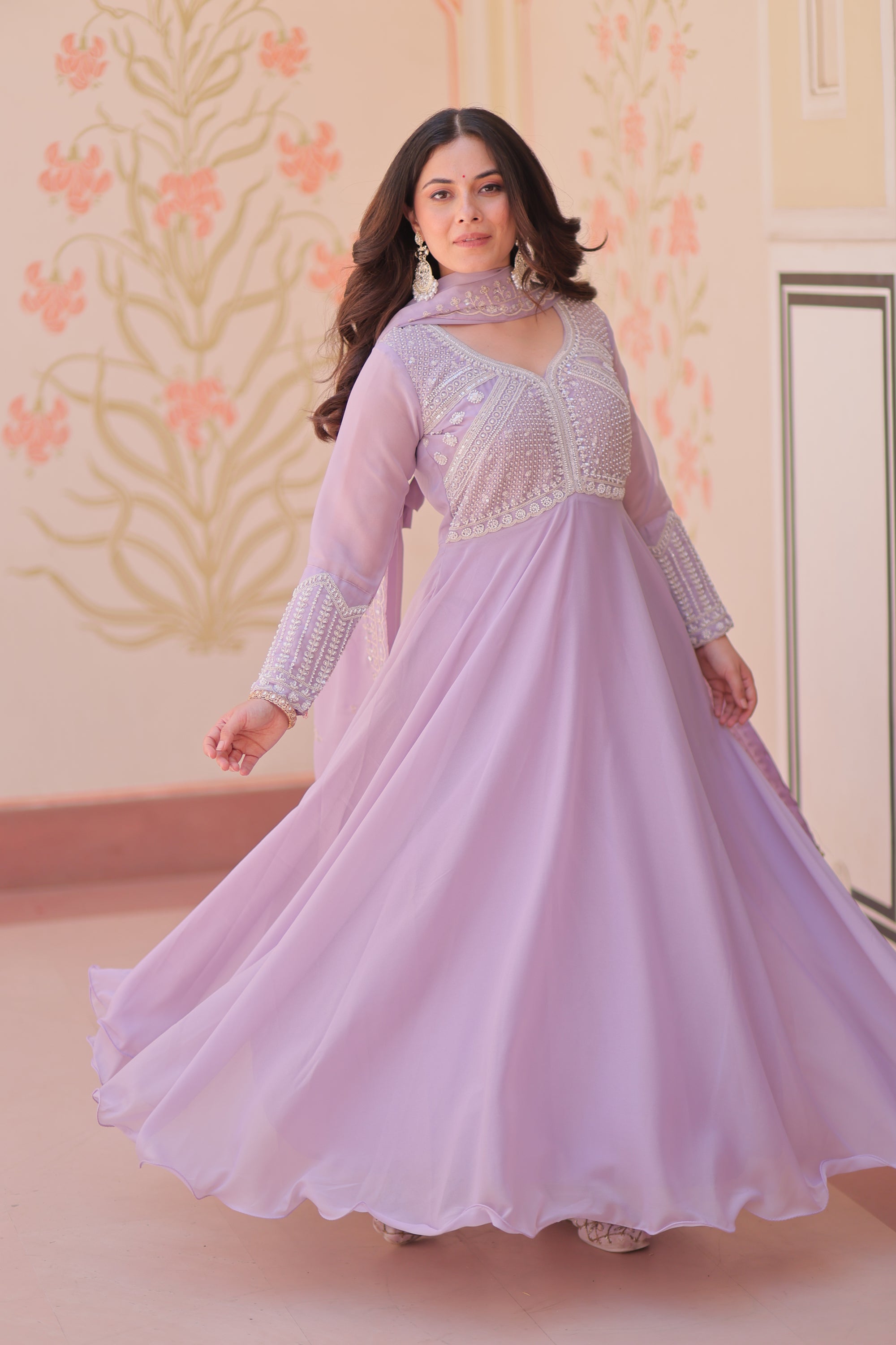 Lorenvalley Fashion Lavender Star Georgette With Rich Sequins Coding & Beads Embroidered work Gown with Dupatta - Dista