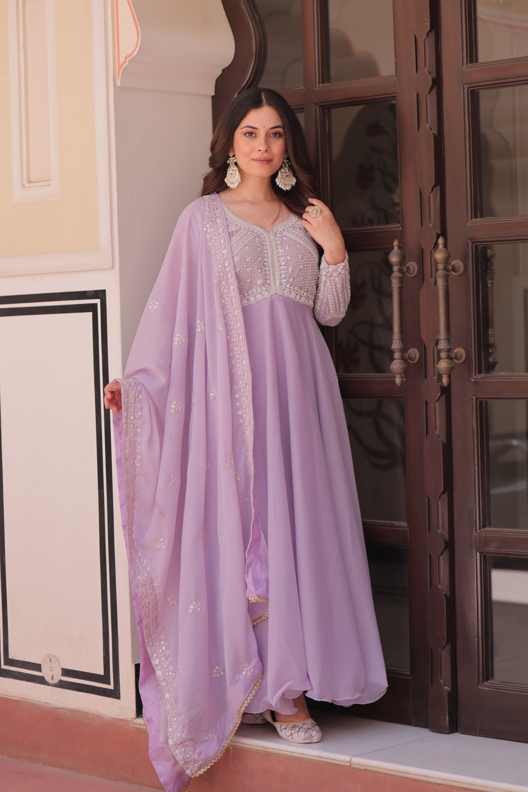 Lorenvalley Fashion Lavender Star Georgette With Rich Sequins Coding & Beads Embroidered work Gown with Dupatta - Dista