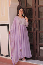 Thumbnail for Lorenvalley Fashion Lavender Star Georgette With Rich Sequins Coding & Beads Embroidered work Gown with Dupatta - Dista