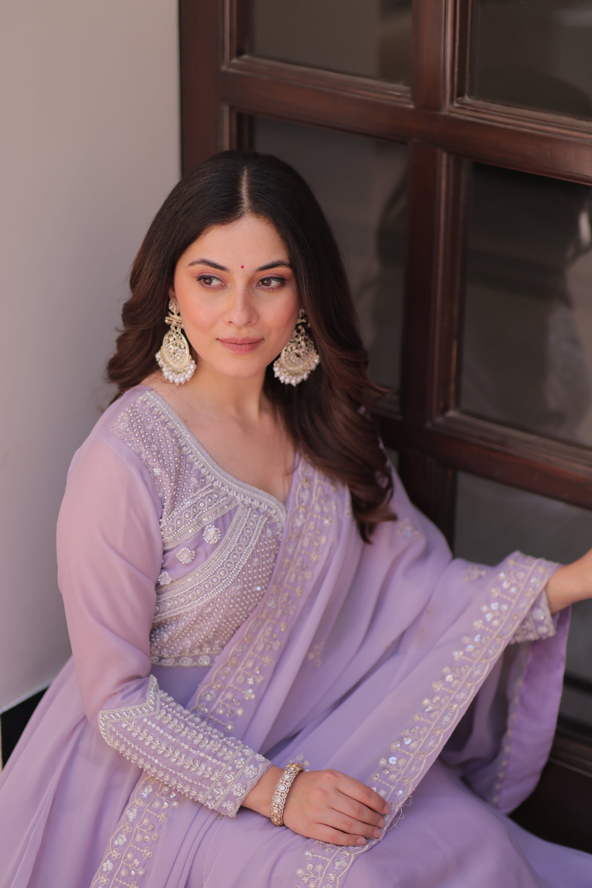 Lorenvalley Fashion Lavender Star Georgette With Rich Sequins Coding & Beads Embroidered work Gown with Dupatta - Dista