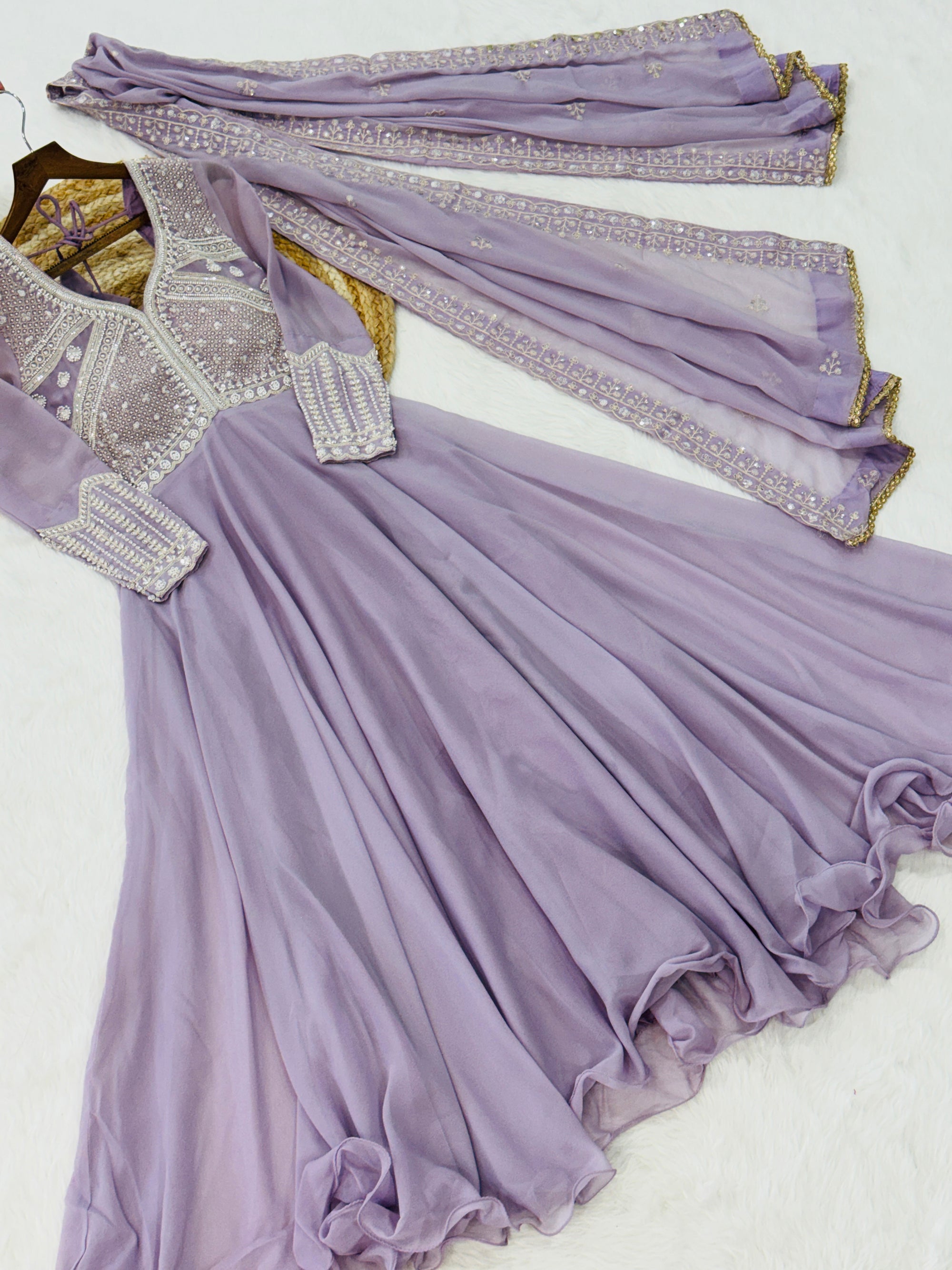 Lorenvalley Fashion Lavender Star Georgette With Rich Sequins Coding & Beads Embroidered work Gown with Dupatta - Dista
