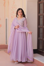 Thumbnail for Lorenvalley Fashion Lavender Star Georgette With Rich Sequins Coding & Beads Embroidered work Gown with Dupatta - Dista