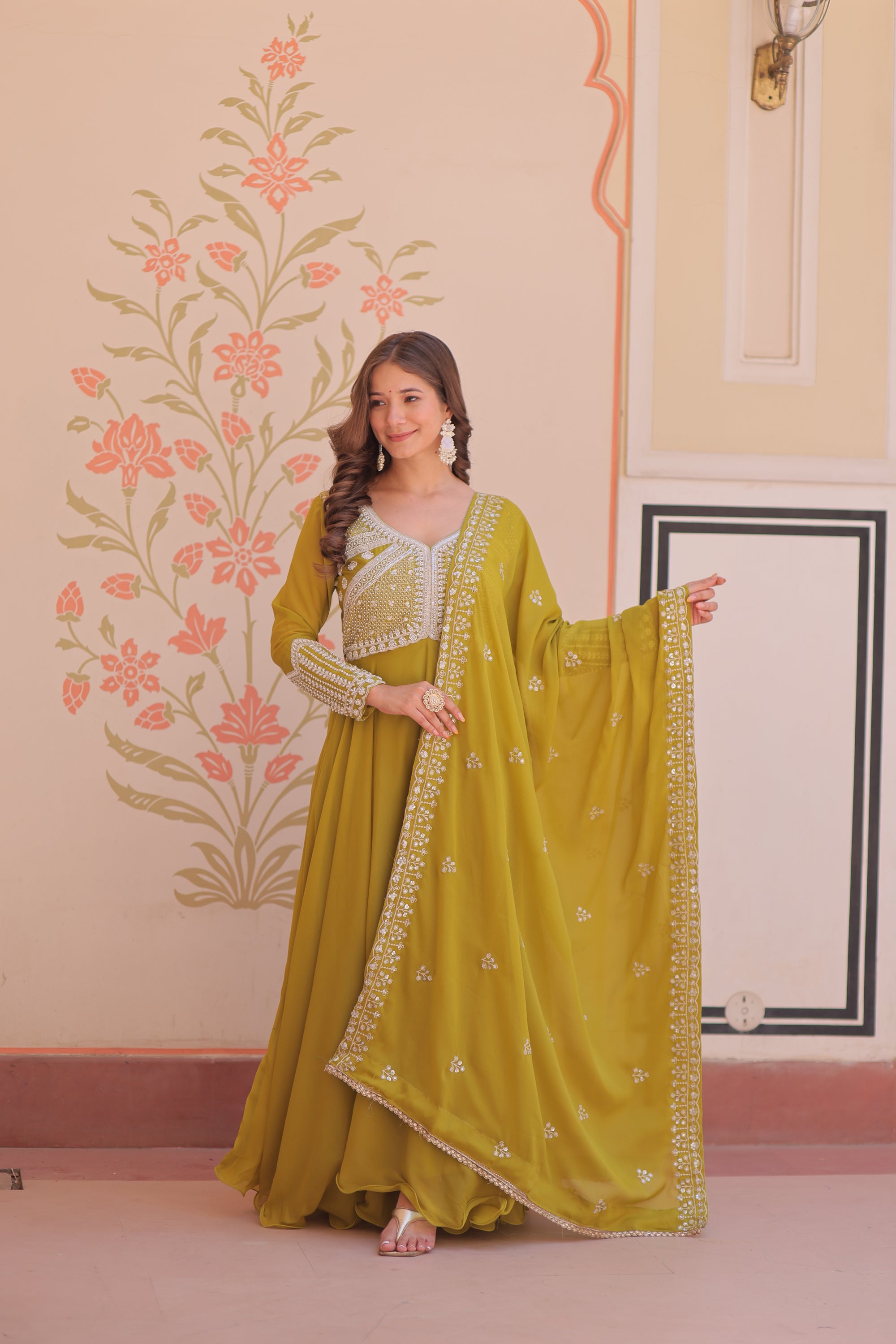 Lorenvalley Fashion Mehendi Star Georgette With Rich Sequins Coding & Beads Embroidered work Gown with Dupatta - Dista