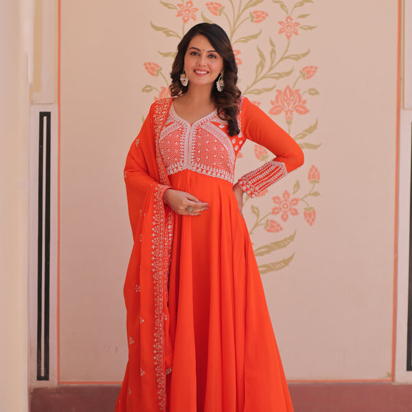 Lorenvalley Fashion Orange Star Georgette With Rich Sequins Coding & Beads Embroidered work Gown with Dupatta - Dista