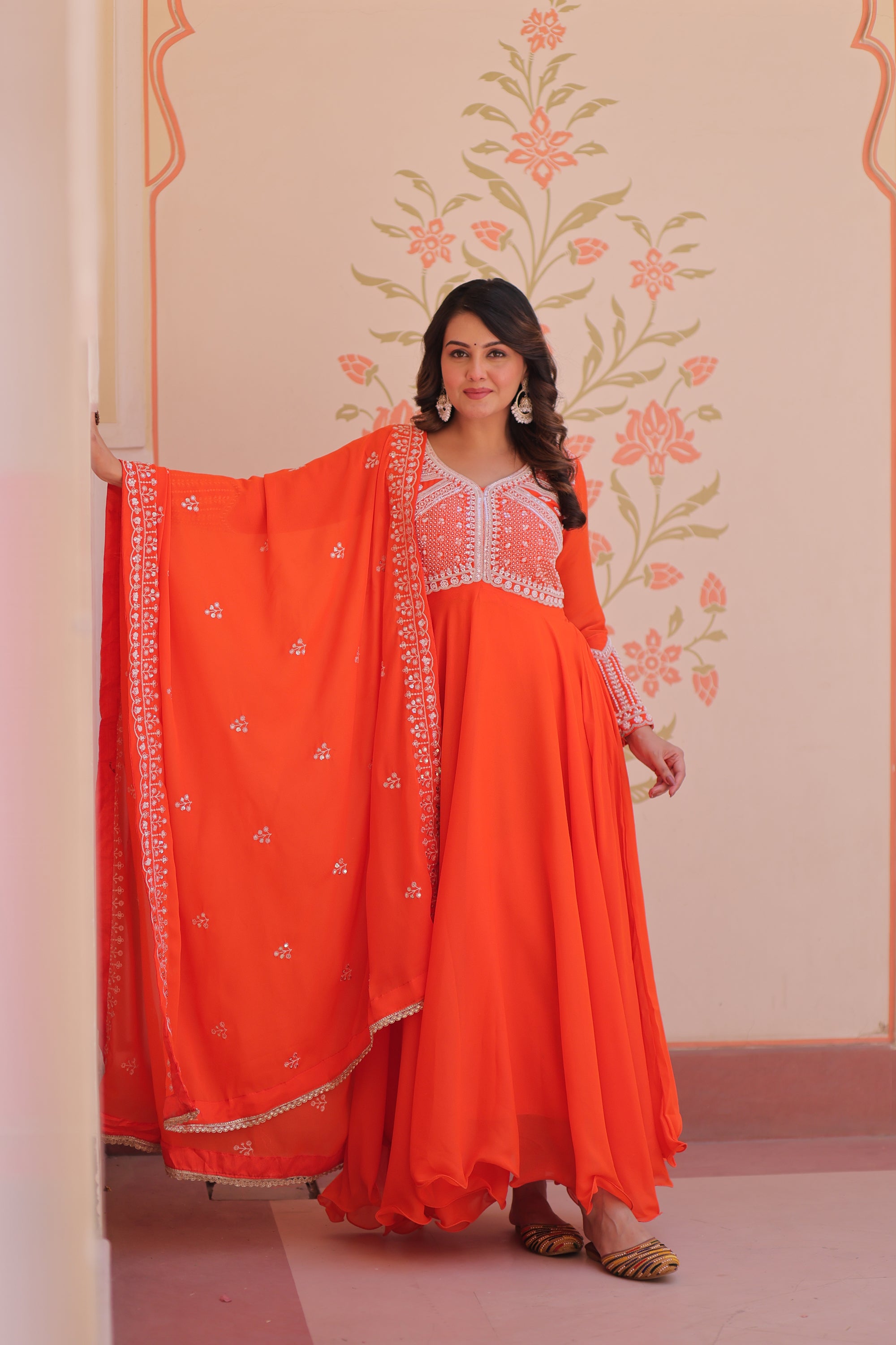 Lorenvalley Fashion Orange Star Georgette With Rich Sequins Coding & Beads Embroidered work Gown with Dupatta - Dista
