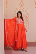Thumbnail for Lorenvalley Fashion Orange Star Georgette With Rich Sequins Coding & Beads Embroidered work Gown with Dupatta - Dista