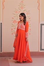 Thumbnail for Lorenvalley Fashion Orange Star Georgette With Rich Sequins Coding & Beads Embroidered work Gown with Dupatta - Dista