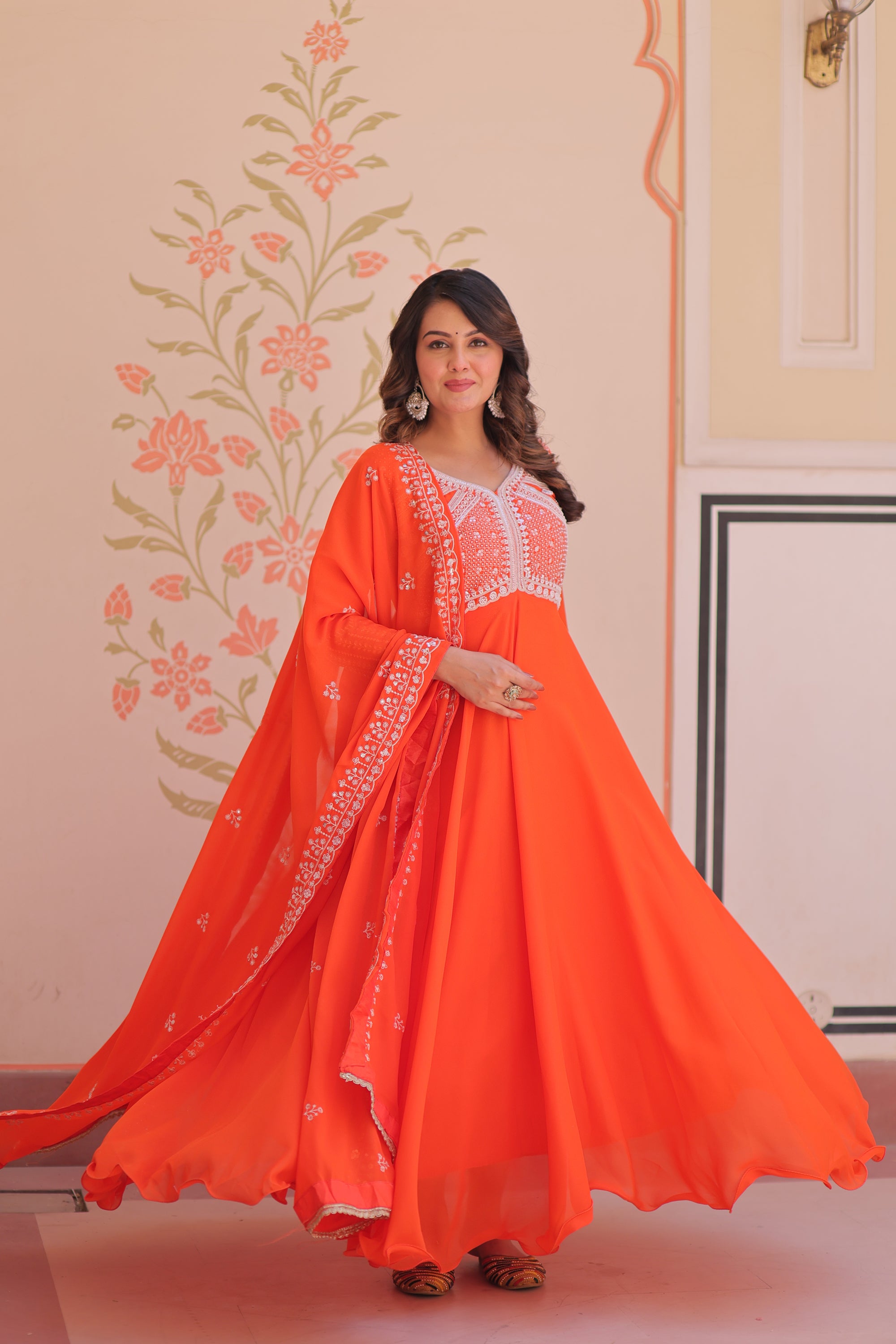Lorenvalley Fashion Orange Star Georgette With Rich Sequins Coding & Beads Embroidered work Gown with Dupatta - Dista