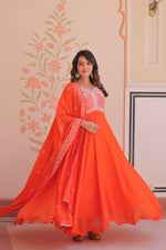 Thumbnail for Lorenvalley Fashion Orange Star Georgette With Rich Sequins Coding & Beads Embroidered work Gown with Dupatta - Dista