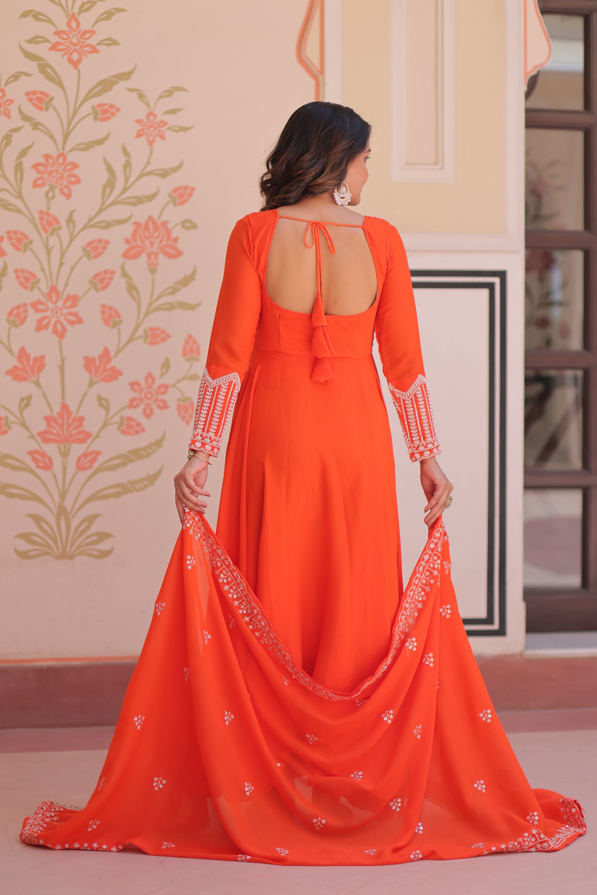 Lorenvalley Fashion Orange Star Georgette With Rich Sequins Coding & Beads Embroidered work Gown with Dupatta - Dista