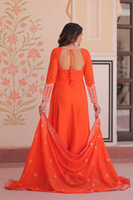 Thumbnail for Lorenvalley Fashion Orange Star Georgette With Rich Sequins Coding & Beads Embroidered work Gown with Dupatta - Dista