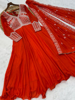 Thumbnail for Lorenvalley Fashion Orange Star Georgette With Rich Sequins Coding & Beads Embroidered work Gown with Dupatta - Dista