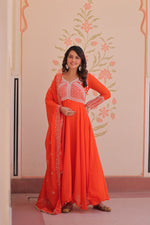 Thumbnail for Lorenvalley Fashion Orange Star Georgette With Rich Sequins Coding & Beads Embroidered work Gown with Dupatta - Dista