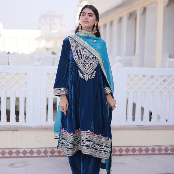 Lorenvalley Fashion Rama 9000 Velvet with Sequins & Coding & Thread Embroidered work Kurta Pant with Dupatta - Distacart