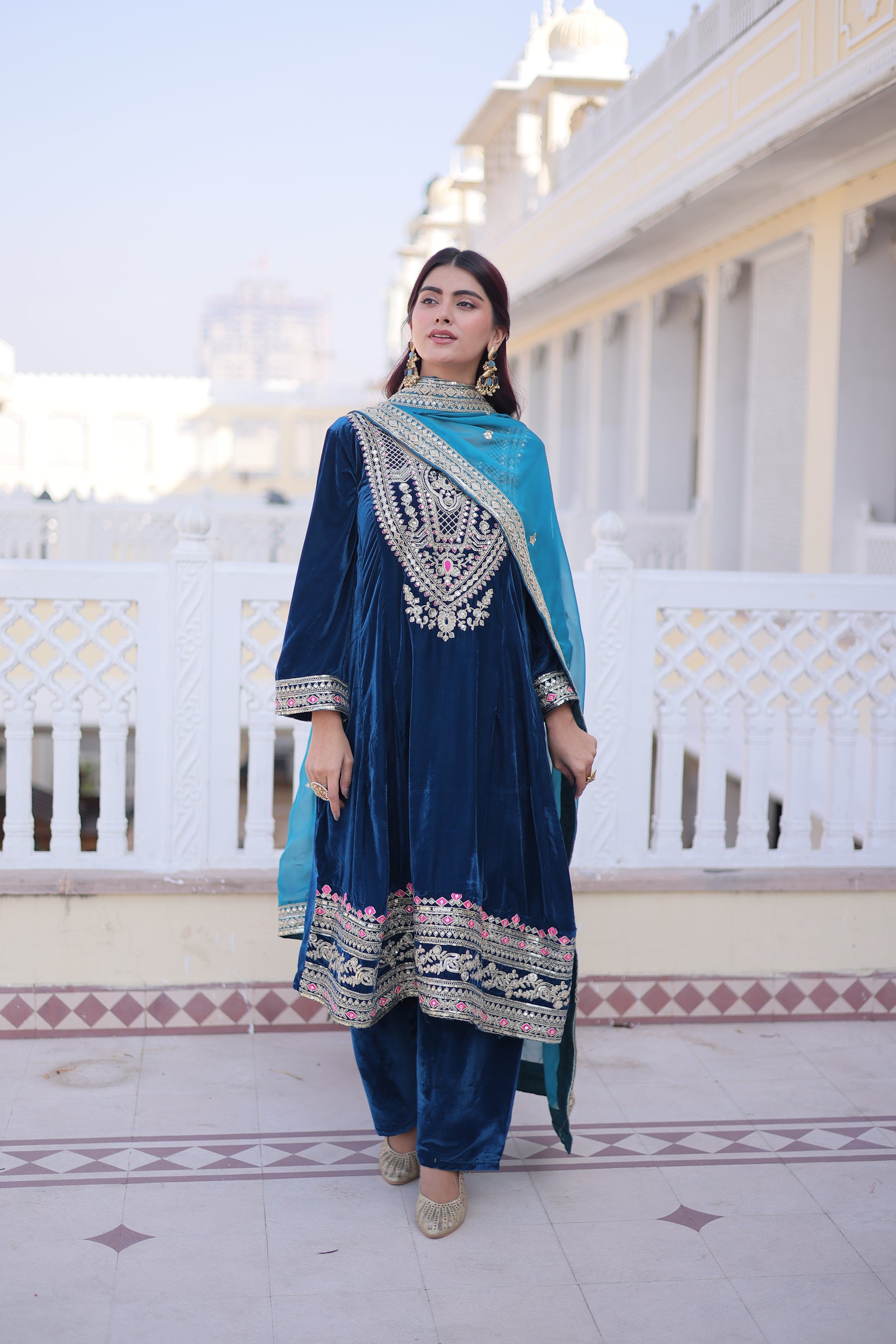 Lorenvalley Fashion Rama 9000 Velvet with Sequins & Coding & Thread Embroidered work Kurta Pant with Dupatta - Distacart