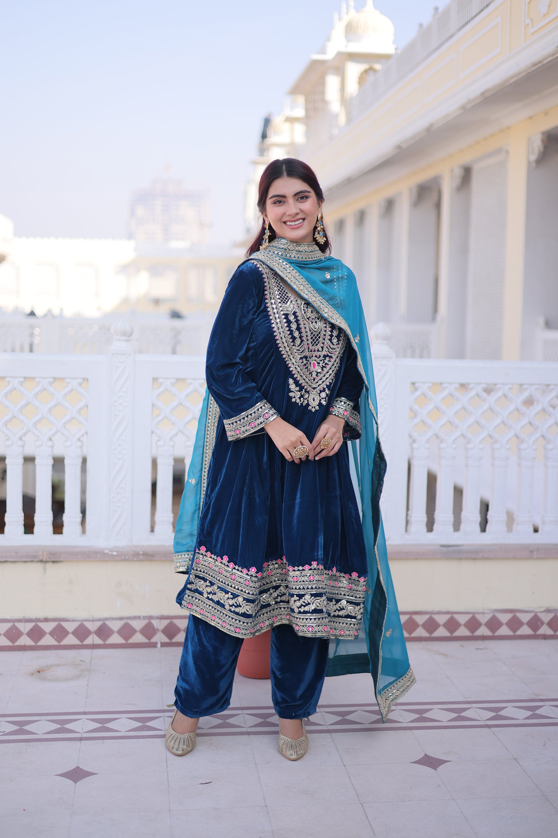 Lorenvalley Fashion Rama 9000 Velvet with Sequins & Coding & Thread Embroidered work Kurta Pant with Dupatta - Distacart