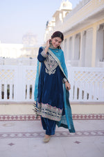 Thumbnail for Lorenvalley Fashion Rama 9000 Velvet with Sequins & Coding & Thread Embroidered work Kurta Pant with Dupatta - Distacart