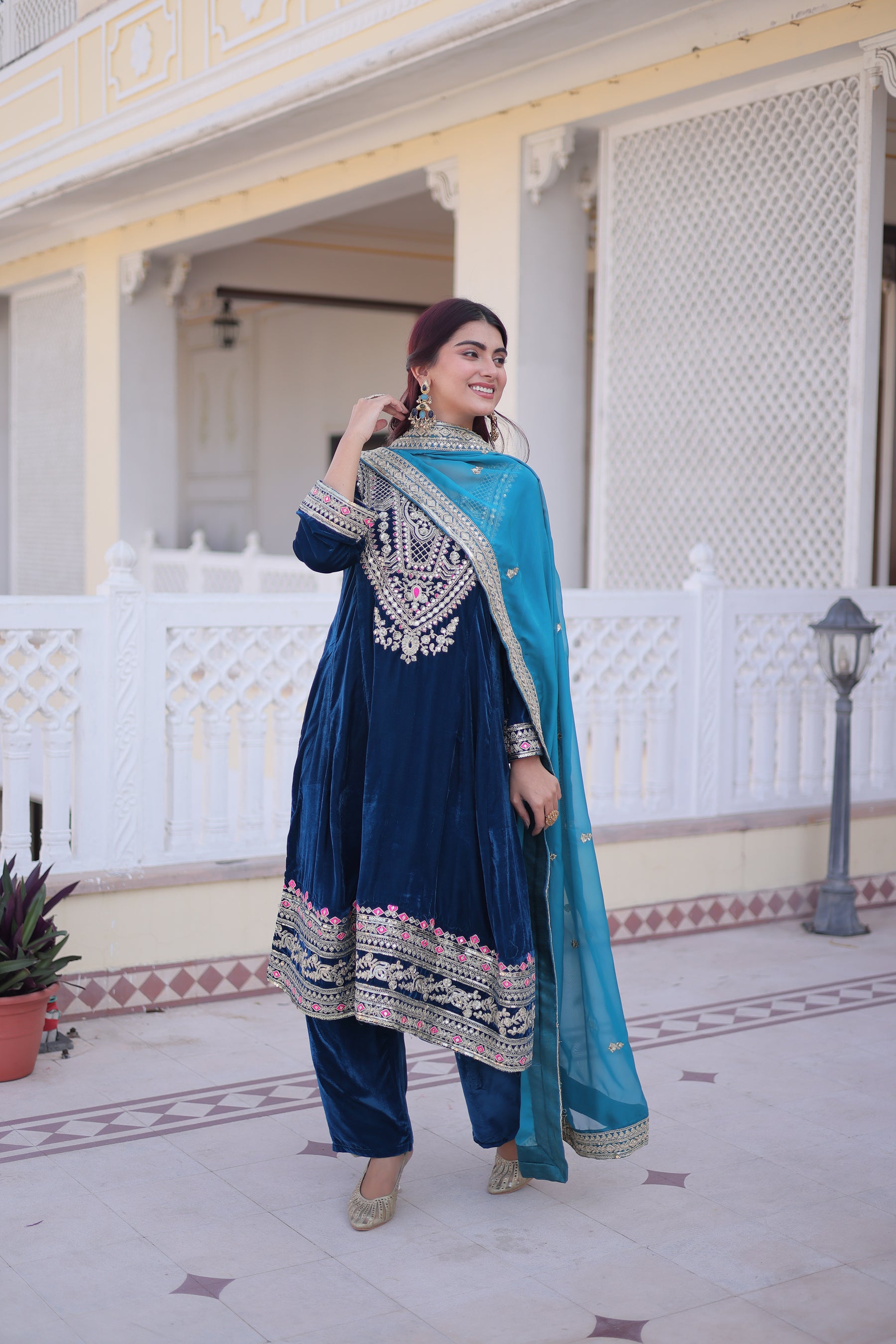 Lorenvalley Fashion Rama 9000 Velvet with Sequins & Coding & Thread Embroidered work Kurta Pant with Dupatta - Distacart