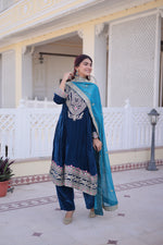 Thumbnail for Lorenvalley Fashion Rama 9000 Velvet with Sequins & Coding & Thread Embroidered work Kurta Pant with Dupatta - Distacart