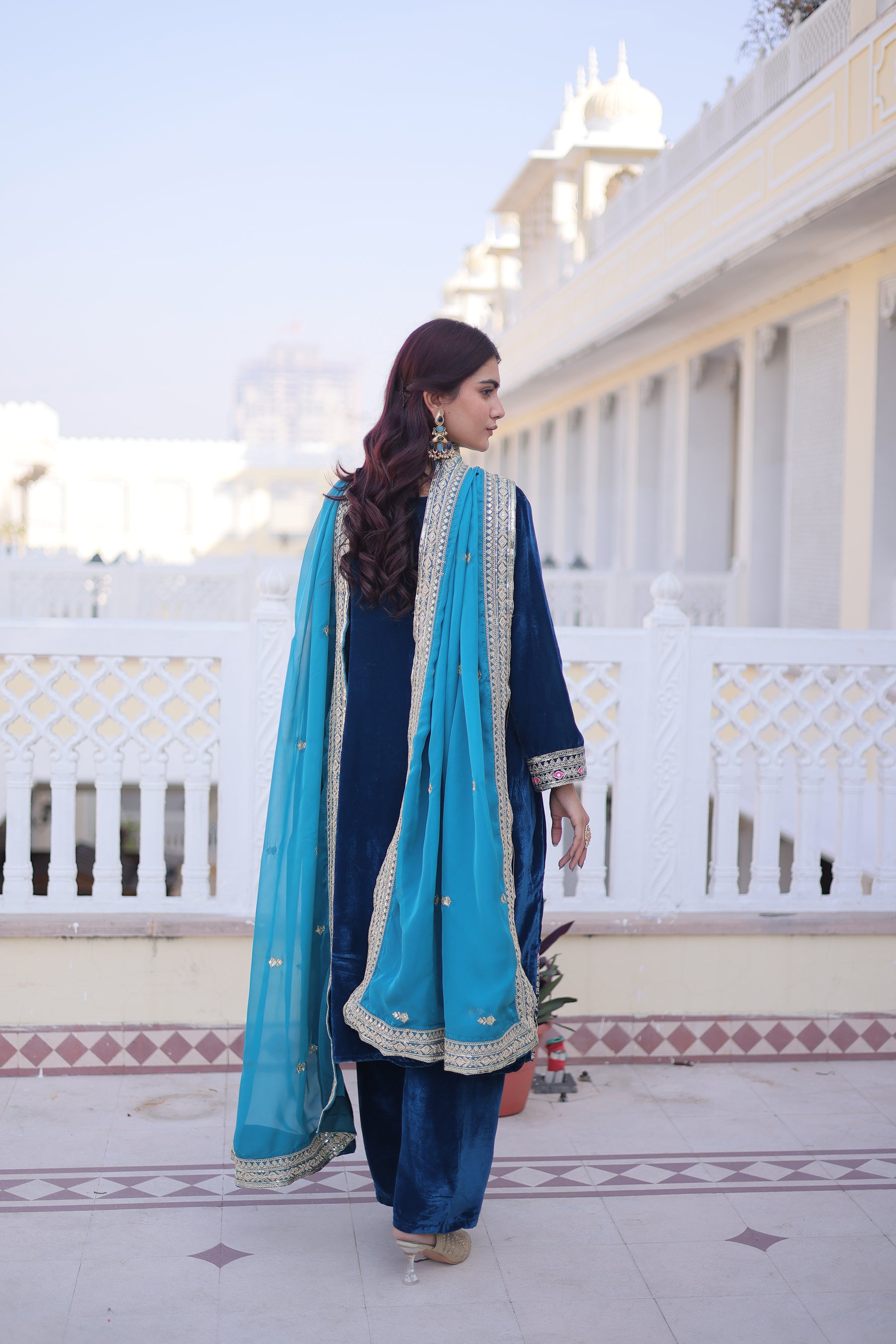 Lorenvalley Fashion Rama 9000 Velvet with Sequins & Coding & Thread Embroidered work Kurta Pant with Dupatta - Distacart