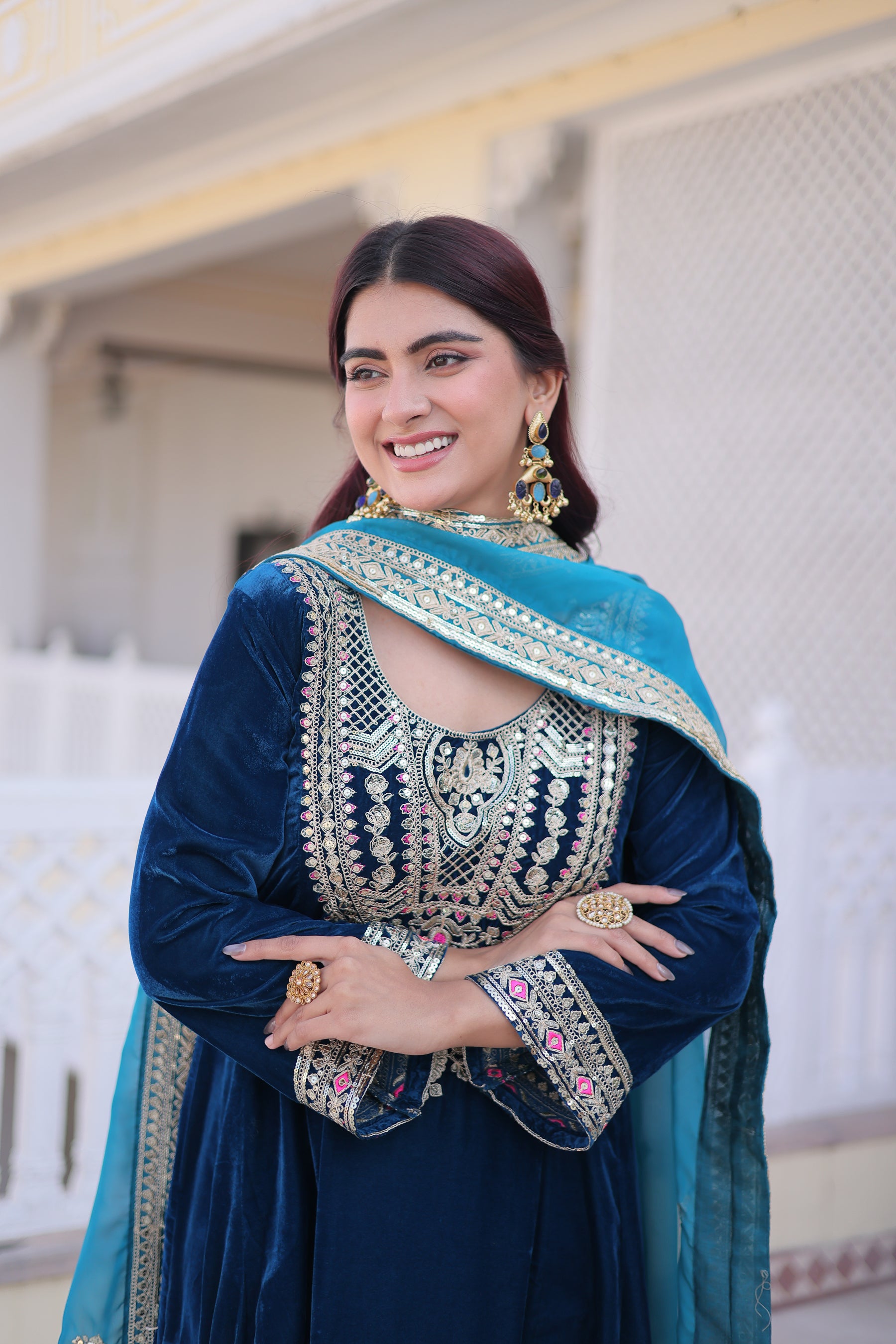 Lorenvalley Fashion Rama 9000 Velvet with Sequins & Coding & Thread Embroidered work Kurta Pant with Dupatta - Distacart
