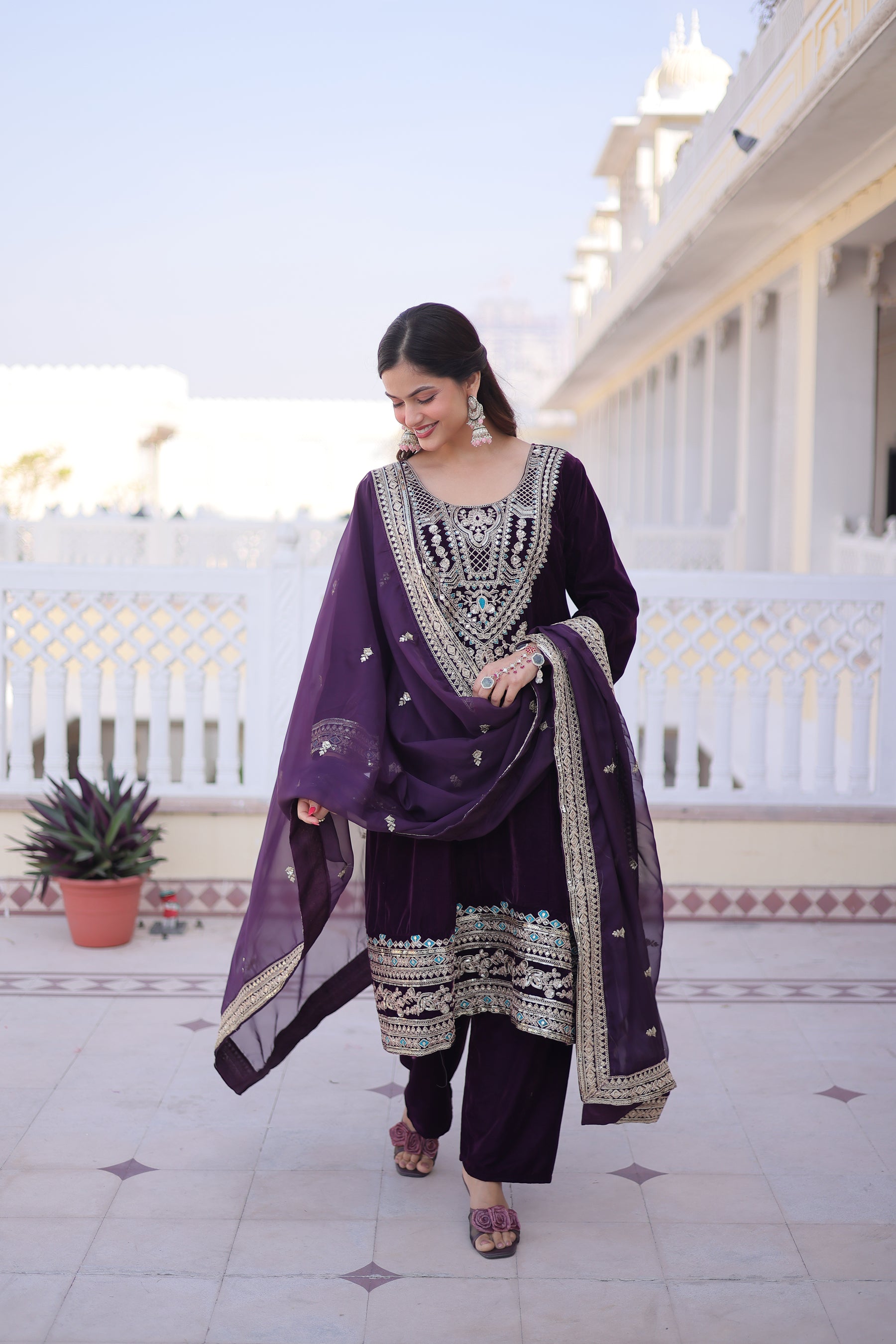 Lorenvalley Fashion Wine 9000 Velvet with Sequins & Coding & Thread Embroidered work Kurta Pant with Dupatta - Distacart
