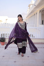 Thumbnail for Lorenvalley Fashion Wine 9000 Velvet with Sequins & Coding & Thread Embroidered work Kurta Pant with Dupatta - Distacart