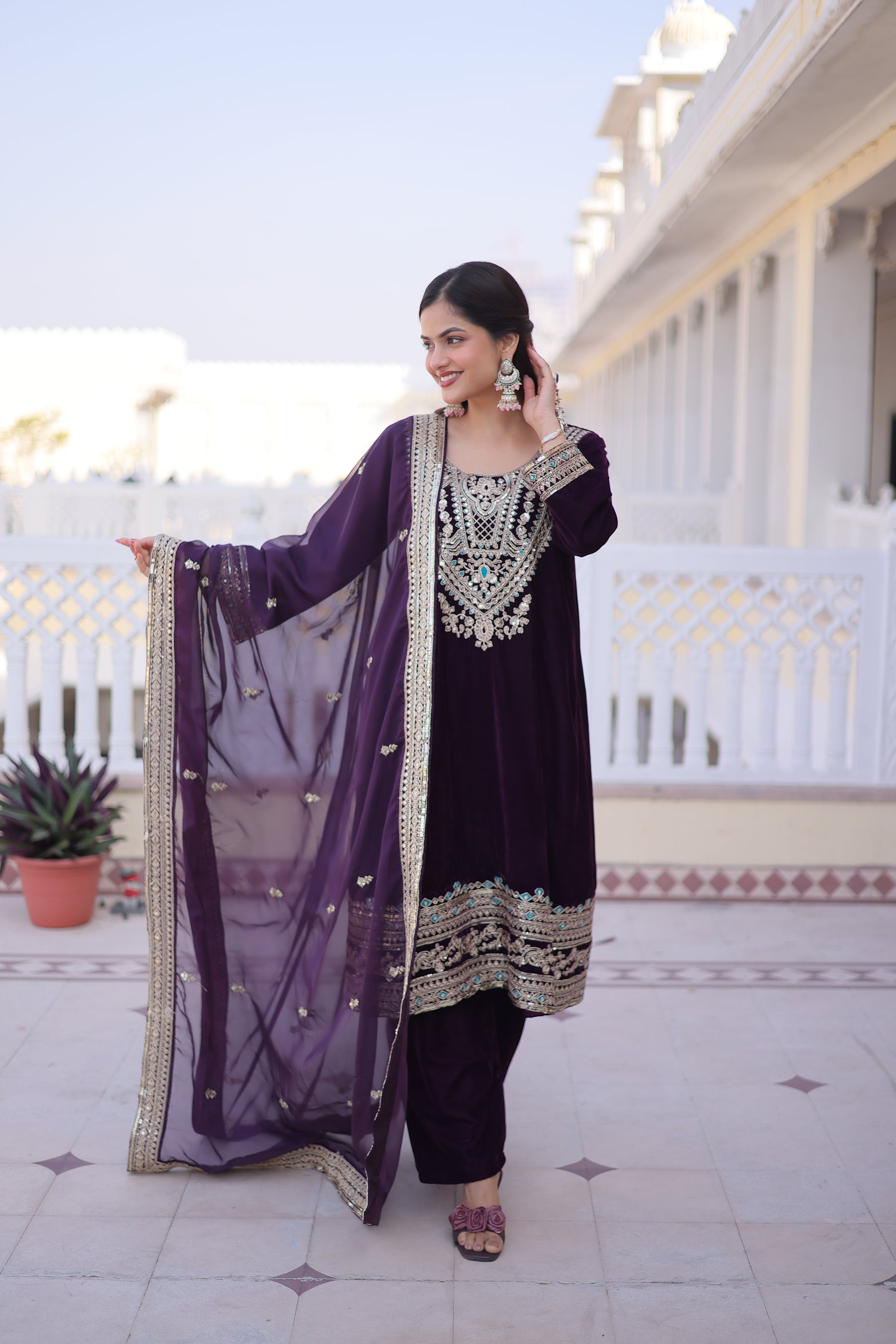 Lorenvalley Fashion Wine 9000 Velvet with Sequins & Coding & Thread Embroidered work Kurta Pant with Dupatta - Distacart