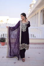 Thumbnail for Lorenvalley Fashion Wine 9000 Velvet with Sequins & Coding & Thread Embroidered work Kurta Pant with Dupatta - Distacart