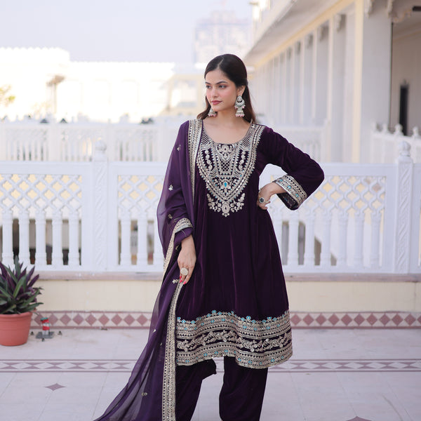 Lorenvalley Fashion Wine 9000 Velvet with Sequins & Coding & Thread Embroidered work Kurta Pant with Dupatta - Distacart