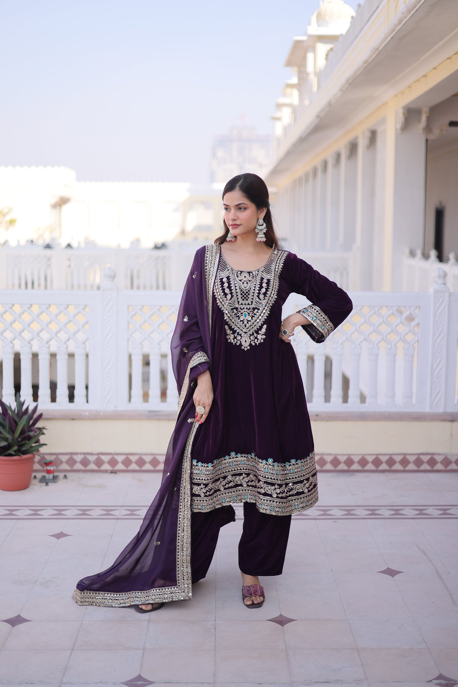 Lorenvalley Fashion Wine 9000 Velvet with Sequins & Coding & Thread Embroidered work Kurta Pant with Dupatta - Distacart