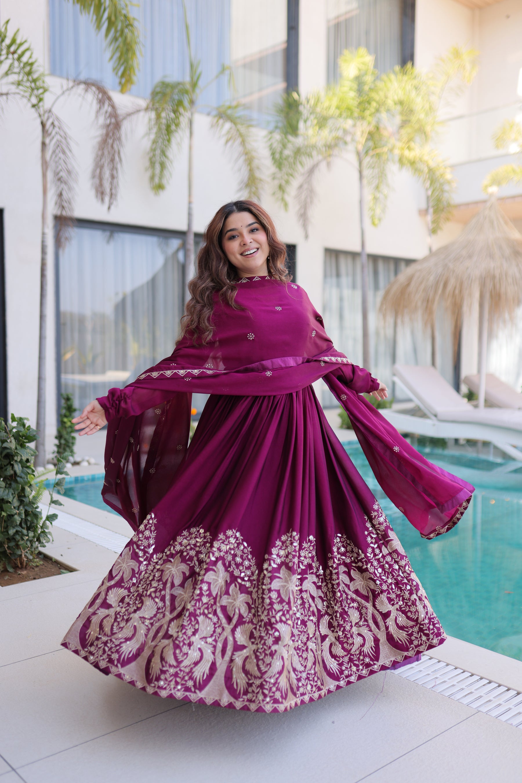 Lorenvalley Fashion Wine Rangoli Crush With Sequins Multi Embroidered work Gown with Dupatta - Distacart
