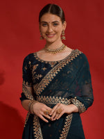 Thumbnail for Anouk Teal & Gold-Toned Embellished Embroidered Pure Georgette Saree - Distacart