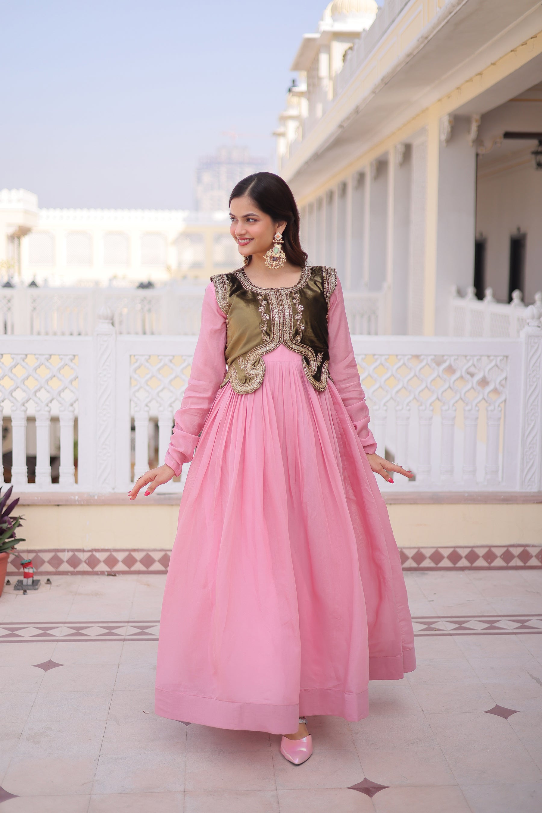 Lorenvalley Fashion Pink Mal Chanderi Flair Gown with Koti - Distacart